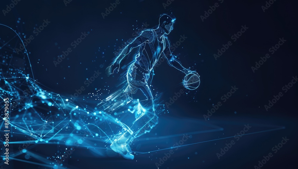 Abstract Polygonal Basketball Player in Mid-Action, Hitting the Ball with Neon Gradient Wireframe Cybernetic Particles Abstract Polygonal Basketball Player in Mid-Action, Hitting the Ball with Neon Gradient Wireframe Cybernetic Particles