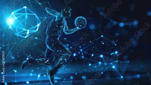 Abstract Polygonal Basketball Player in Mid-Action, Hitting the Ball with Neon Gradient Wireframe Cybernetic Particles