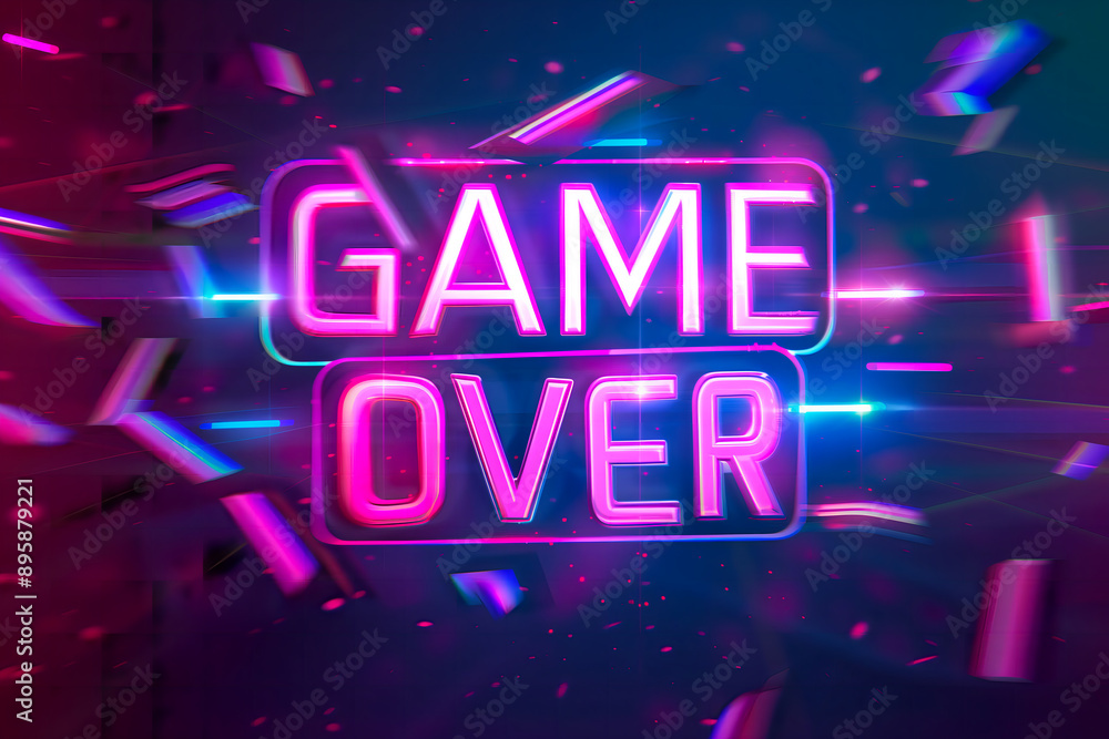Modern colorful glitched effect neon Game Over title inscription text gaming design screen background. Modern colorful glitched effect neon Game Over title inscription text gaming design screen background.