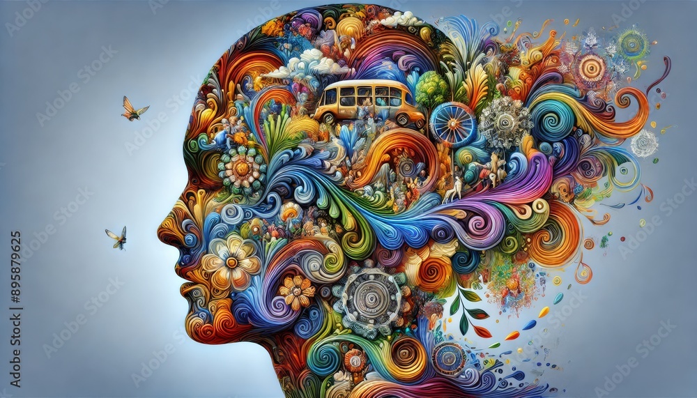 Naklejka premium Surrealistic and Colorful Human Profile Filled with Vibrant Nature Scenes, Animals, and Abstract Forms