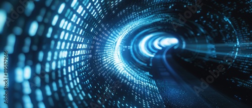 futuristic blue LED light tunnel, with shimmering lights and reflections creating an immersive experience