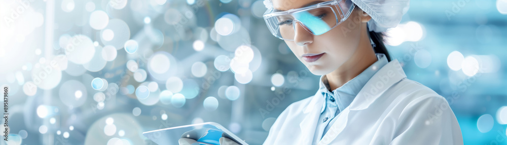 A focused scientist in a lab coat analyzes data on a tablet, surrounded by a modern laboratory environment with bright lights. A focused scientist in a lab coat analyzes data on a tablet, surrounded by a modern laboratory environment with bright lights.