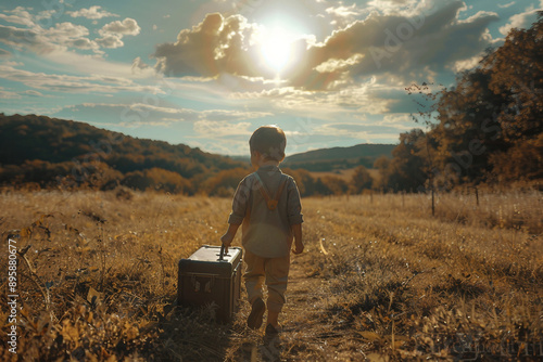 Fototapeta Naklejka Na Ścianę i Meble -  Homeless poor sad child kid in city park ruined town forest lawn all alone, Generative AI lost child