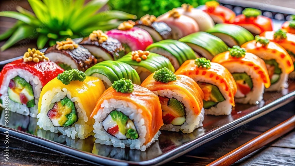 Rolls on a beautiful tray, colorful image of table setting, plate, food decoration, food advertisement, beautiful design. High quality image Rolls on a beautiful tray, colorful image of table setting, plate, food decoration, food advertisement, beautiful design. High quality image