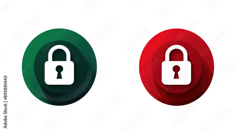 Two vector icons in the style of green and red colors with a padlock icon isolated on transparent background Two vector icons in the style of green and red colors with a padlock icon isolated on transparent background