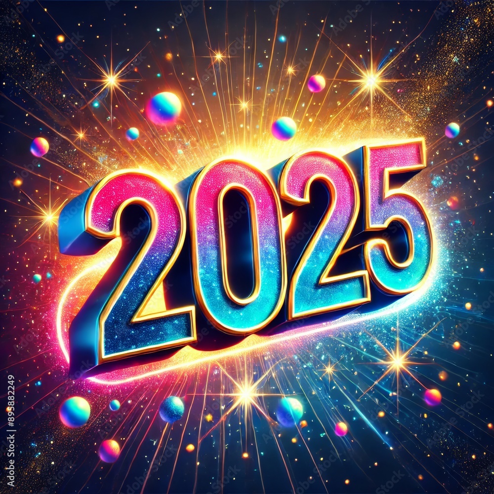 Vibrant 3D 2025 Text Design with Cosmic Background: Glowing Numbers in Gold, Blue, and Pink Surrounded by Sparkles Vibrant 3D 2025 Text Design with Cosmic Background: Glowing Numbers in Gold, Blue, and Pink Surrounded by Sparkles