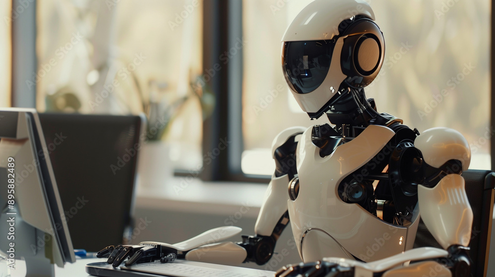 AI robot sits at a desk and works in an office,сopy space. AI robot sits at a desk and works in an office,сopy space.