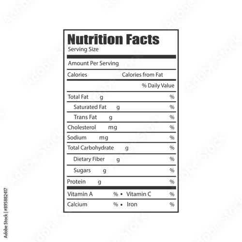Nutrition Facts information label blank form template. Diet, healthy food and proper nutrition, vector