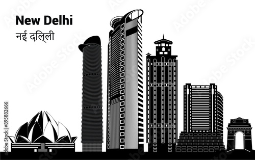 Capture New Delhi's architectural beauty with this vector skyline of iconic structures. It is ideal for travel brochures, promotional materials, digital art, and city-themed designs.