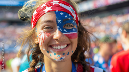 Joyful Fan with American Flag Face Paint at Sports Event - Patriotism, Celebration, and Team Spirit