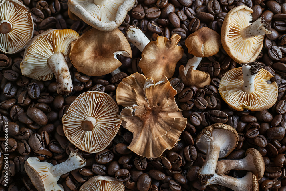 Assorted mushrooms laid on a bed of coffee beans creating a unique and earthy composition, perfect for culinary or nature-themed visuals. Assorted mushrooms laid on a bed of coffee beans creating a unique and earthy composition, perfect for culinary or nature-themed visuals.