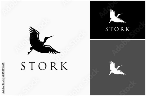 Flying Stork Heron Crane Egret Goose Flamingo Bird Silhouette Vector Logo Design Illustration