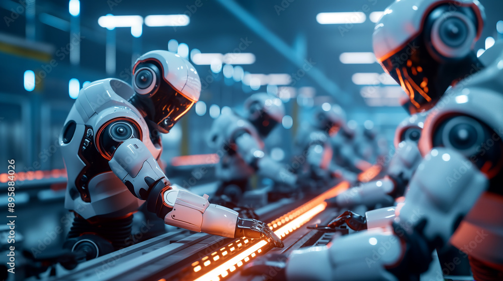 Fototapeta premium Robots Working on Assembly Line in High-Tech Factory 