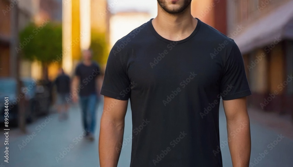 Young Man in Black T-Shirt Mockup Standing on City Street, Casual Fashion Model Urban Background Young Man in Black T-Shirt Mockup Standing on City Street, Casual Fashion Model Urban Background
