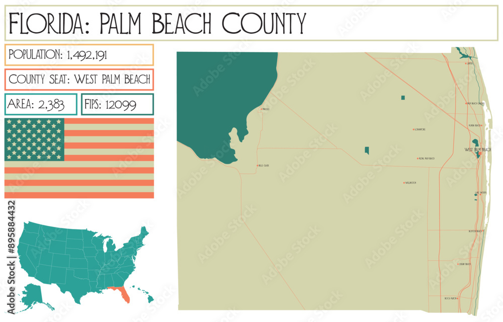 Fototapeta Large and detailed map of Palm Beach County in Florida USA.