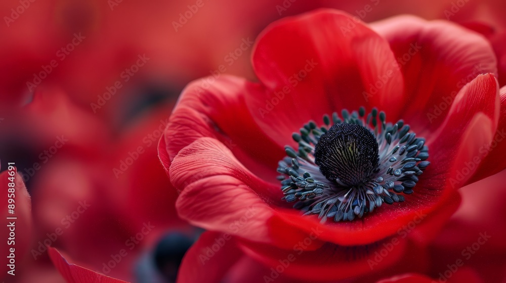 Detailed view of a red anemone flower in full bloom Detailed view of a red anemone flower in full bloom