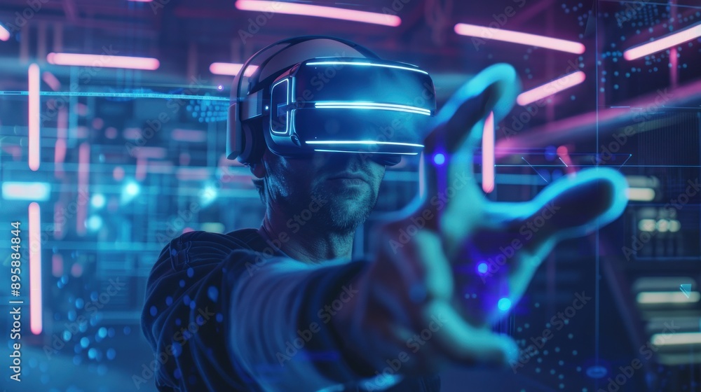 Man wearing VR headset in a futuristic setting Man wearing VR headset in a futuristic setting