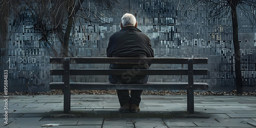 Elderly man sitting alone on a bench in a desolate urban environment, symbolizing solitude, isolation, and reflection.