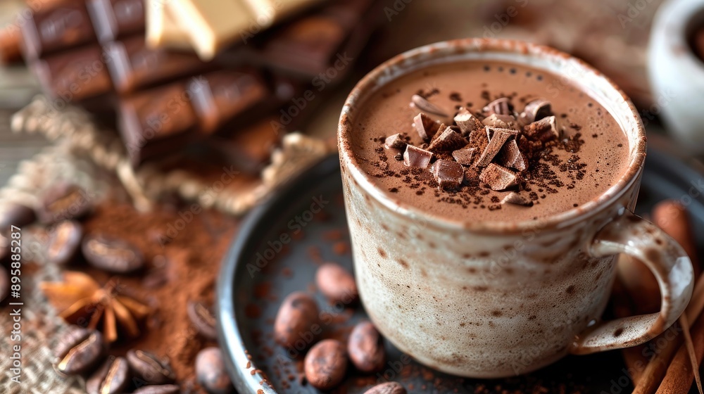 Cozy cup of hot chocolate with cocoa powder, beans, and chocolate pieces, ideal for a relaxing moment Cozy cup of hot chocolate with cocoa powder, beans, and chocolate pieces, ideal for a relaxing moment