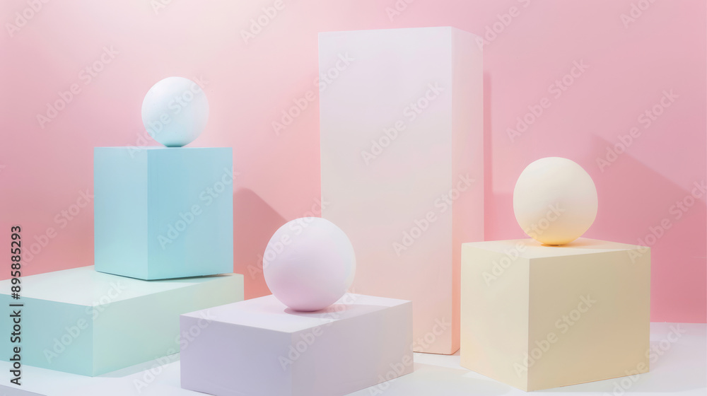 Minimalist pastel geometric background featuring 3D shapes and columns in soft hues of pink, green, and blue. Minimalist pastel geometric background featuring 3D shapes and columns in soft hues of pink, green, and blue.