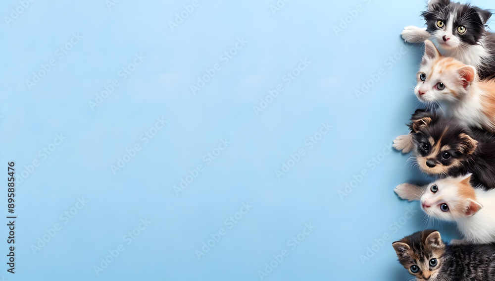 Group of adorable kittens peeking from the right side on a light blue background, perfect for animal-themed designs and pet-related projects. Group of adorable kittens peeking from the right side on a light blue background, perfect for animal-themed designs and pet-related projects.