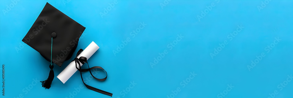 Graduation cap and diploma on a bright blue background, symbolizing ...
