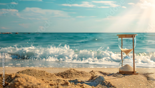Hourglass on a sandy beach with ocean waves and a clear blue sky, symbolizing the passage of time and serenity.
