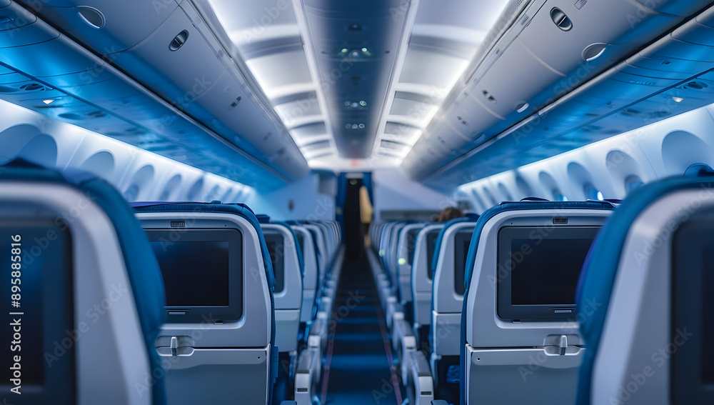 Modern airplane cabin interior with blue ambient lighting and empty seats, showcasing comfortable travel and advanced aviation design. Modern airplane cabin interior with blue ambient lighting and empty seats, showcasing comfortable travel and advanced aviation design.