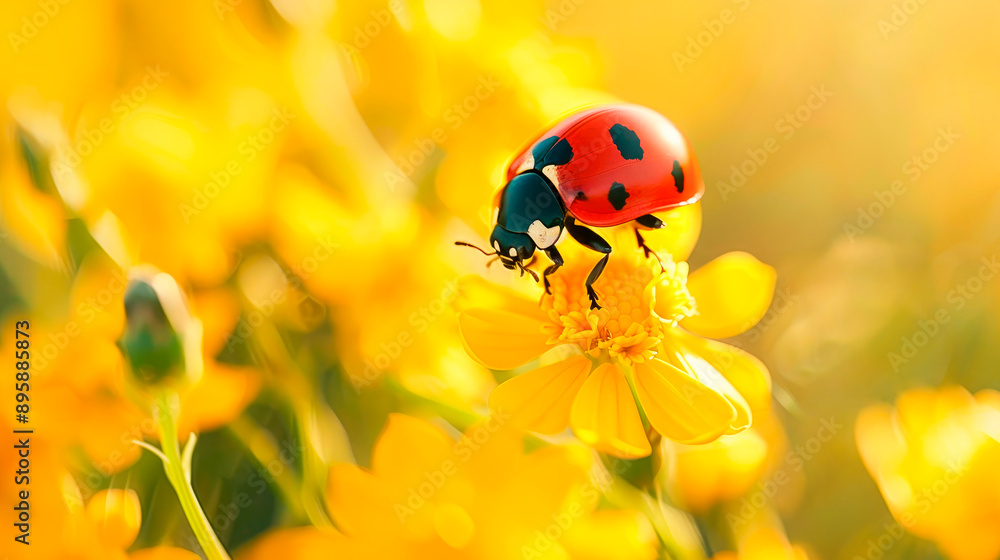 Fototapeta premium Close-up of ladybird sitting on blossoming summer flowers.