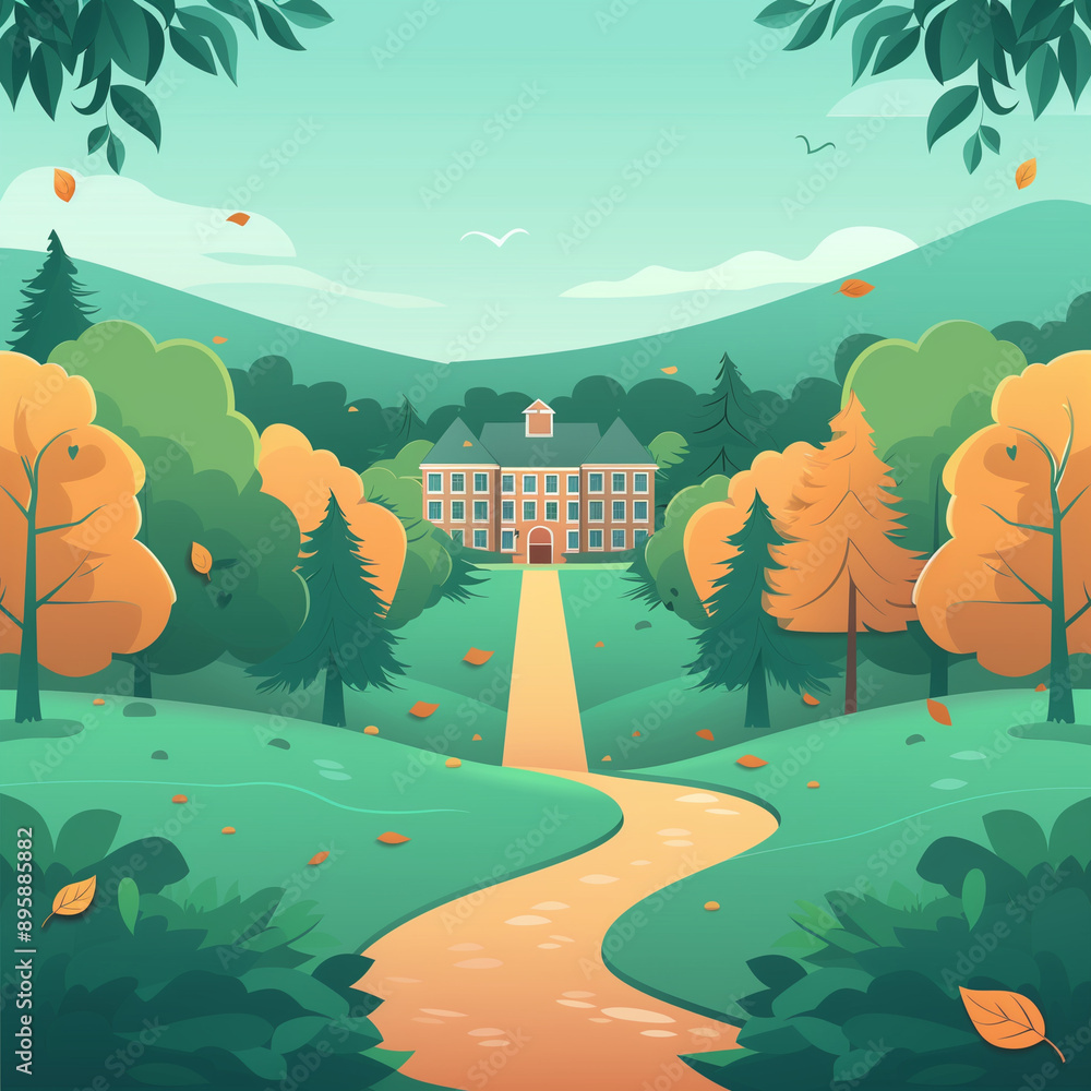 Obraz premium A drawing of a path leading to a house with a large tree in the background. The path is lined with trees and leaves, giving the impression of a peaceful, serene setting