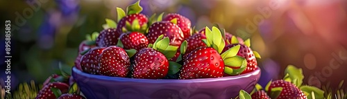 A bowl filled with ripe, red strawberries in a garden setting, bathed in warm sunlight, perfect for food or nature themed stock photography.