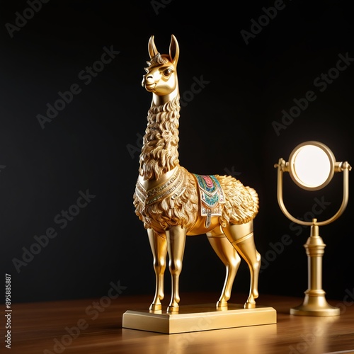 High quality exquisite gleaming Golden Llama statue, Masterpeice art by Trashware Art, high quality studio photography.  photo