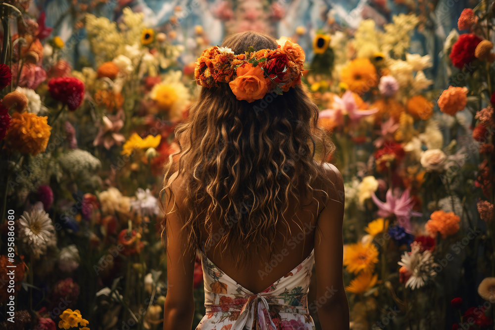 Obraz premium Lovely gorgeous woman completely surrounded by spring flowers AI generative image