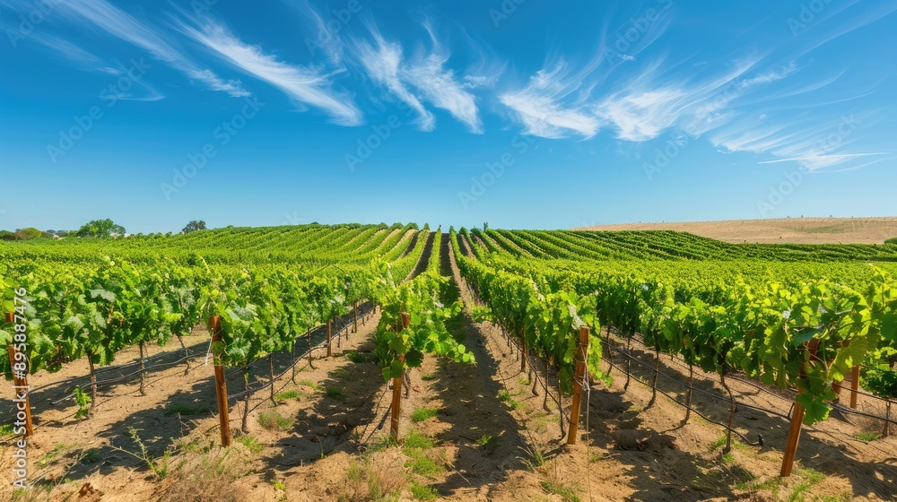 A lush vineyard with rows of grapevines under a clear blue sky, with ample space above for text