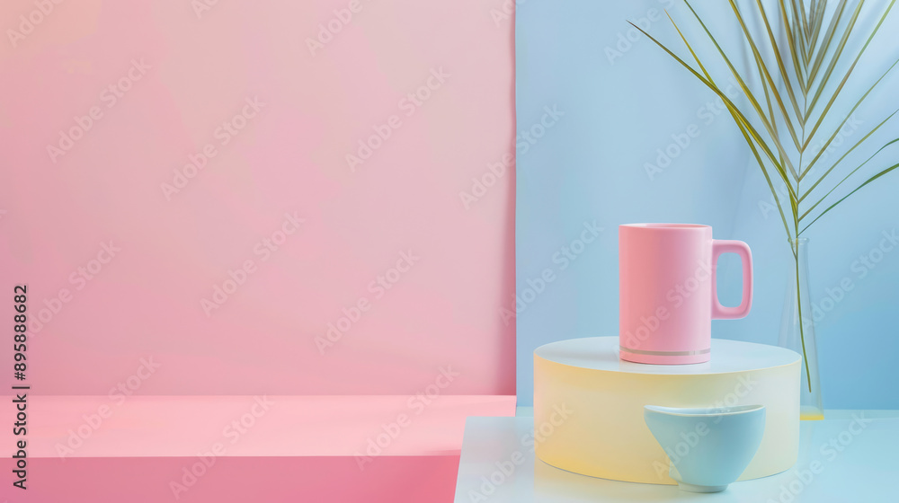 Pastel themed interior with geometric decor in pink, blue, and white tones, creating a serene atmosphere Pastel themed interior with geometric decor in pink, blue, and white tones, creating a serene atmosphere