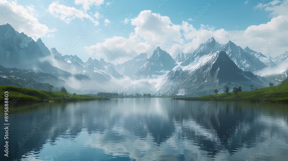 A scenic mountain lake with a reflection of the peaks in the water A scenic mountain lake with a reflection of the peaks in the water