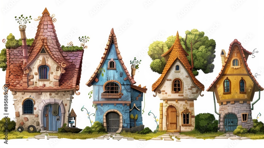 set of four cartoon houses, hut as in the game, buildings on a white background, generative AI set of four cartoon houses, hut as in the game, buildings on a white background, generative AI