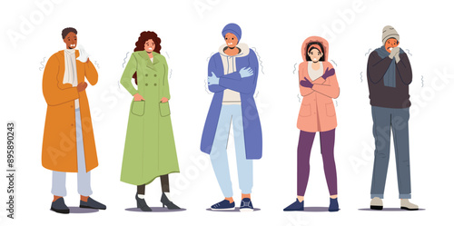 Set of Freezing People, Cold Weather Concept. Male and Female Characters Wearing Warm Winter Clothes  trembling feeling cold and unwell set. suffering cold weather and seasons.