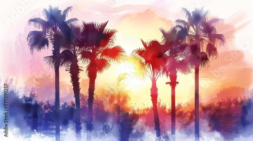 Colorful Abstract Watercolor Painting of Tropical Palm Trees at Sunset