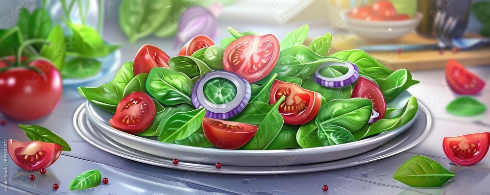 Fresh vegetable salad with spinach leaves, tomatoes, and red onions on a white plate in a bright kitchen setting. Fresh vegetable salad with spinach leaves, tomatoes, and red onions on a white plate in a bright kitchen setting.