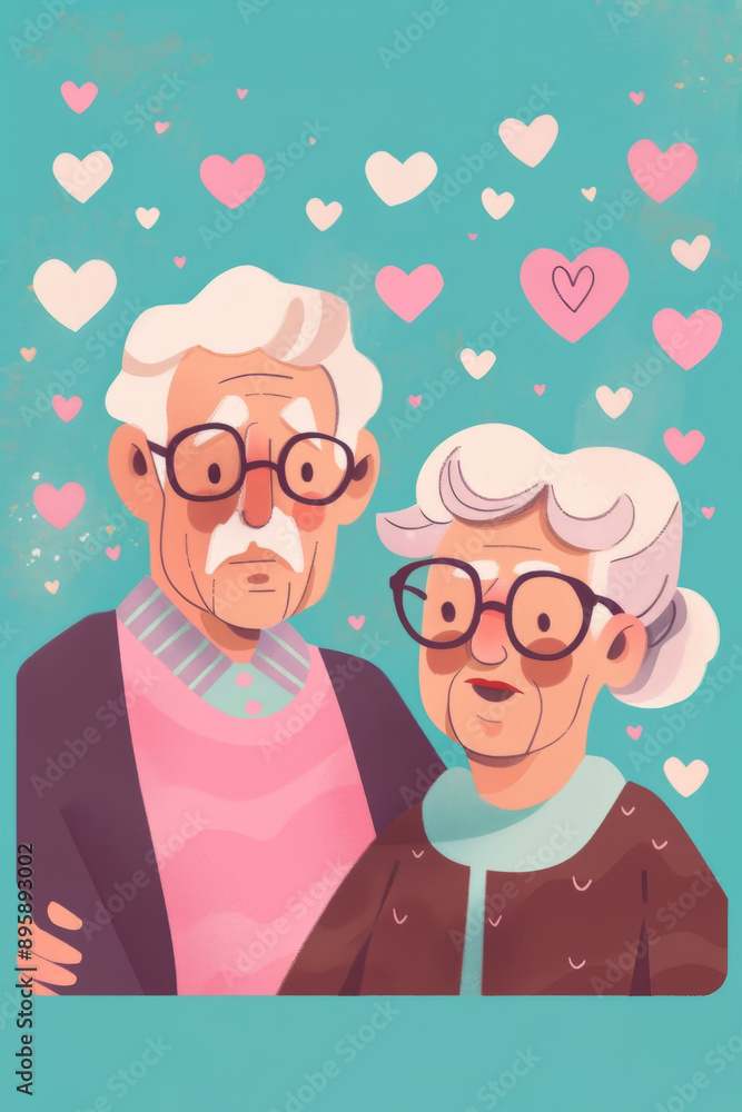 Loving Elderly Couple with Heart Background Loving Elderly Couple with Heart Background