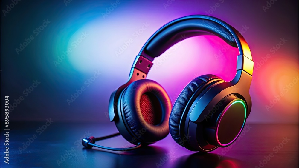 Close-up view of black gaming headphones with microphone and colorful light accents, gaming, headphones, colorful Close-up view of black gaming headphones with microphone and colorful light accents, gaming, headphones, colorful