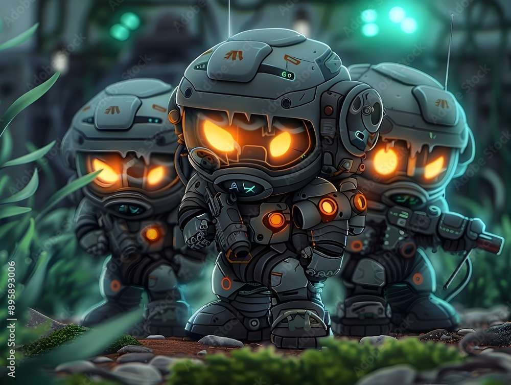 Fototapeta premium Futuristic Chibi Soldiers with Augmented Reality Gear in Moody Industrial Backdrop