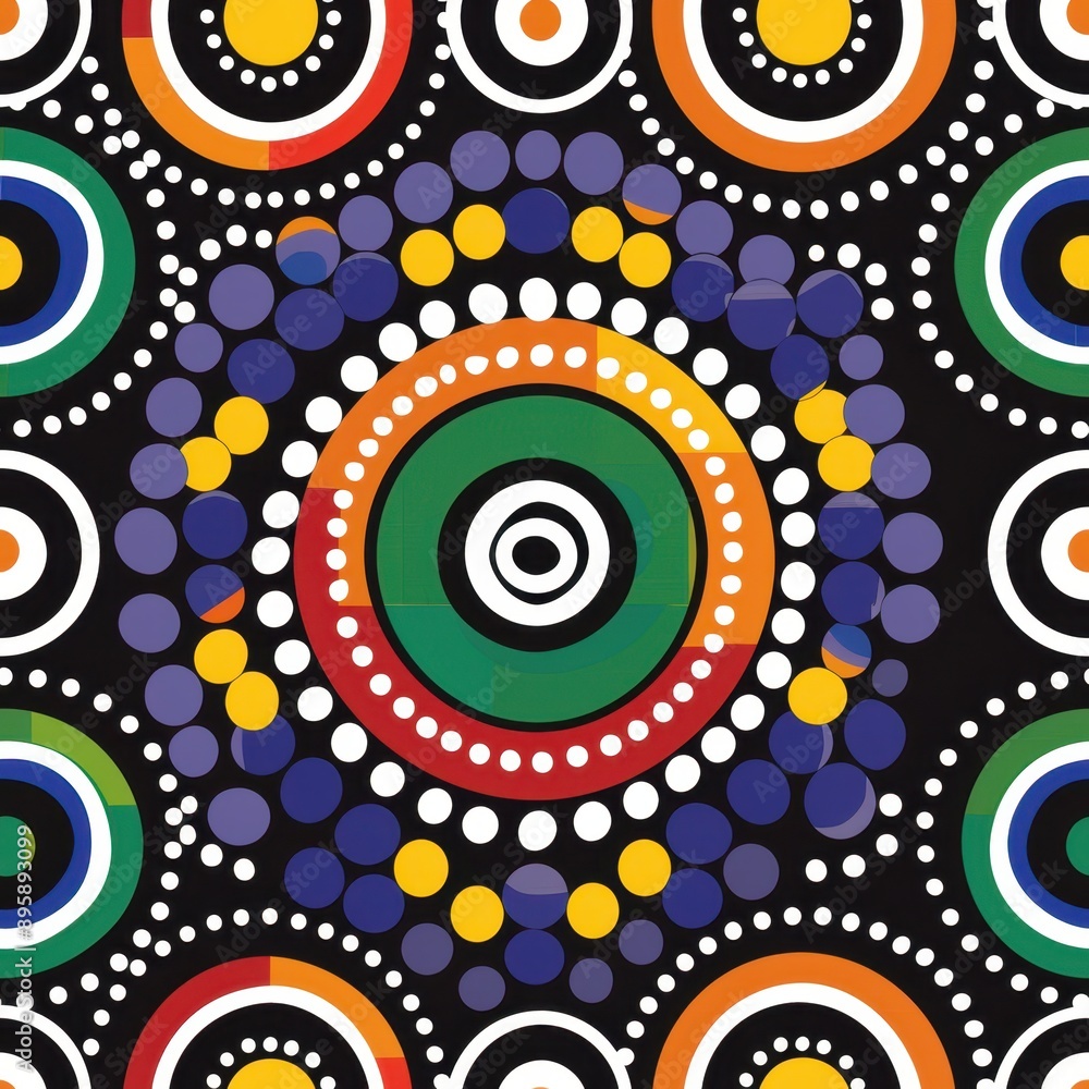 Fototapeta premium Vibrant Aboriginal Dot Painting Pattern with Ethno-cultural Motifs