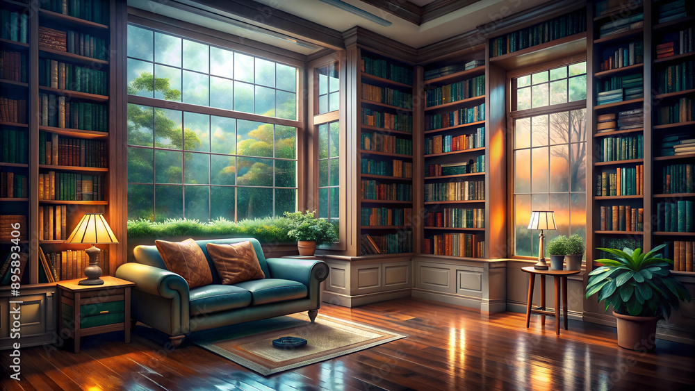 Cozy Home Library with Armchair and Large Window Cozy Home Library with Armchair and Large Window