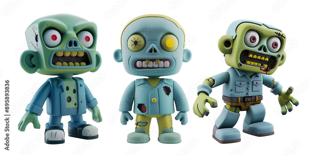 Set of simple 3D icon cartoon zombie, isolated on transparent white background Set of simple 3D icon cartoon zombie, isolated on transparent white background