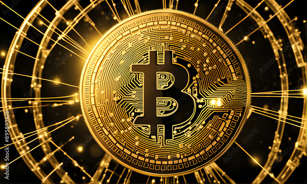 Naklejka premium Golden Bitcoin Coin With Circuit Board Pattern and Interconnected Lines