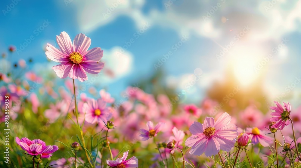 Vibrant Pink Cosmos Flowers in Sunny Meadow Vibrant Pink Cosmos Flowers in Sunny Meadow