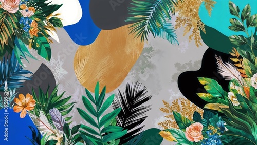 Abstract tropical floral background with colorful leaves and flowers