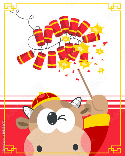 Chinese new year greeting card with cute cow in chinese costume set off firecrackers on red background illustration vector, Year of the ox.
